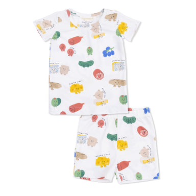 Children's pajama set with charcuterie pattern on a white background