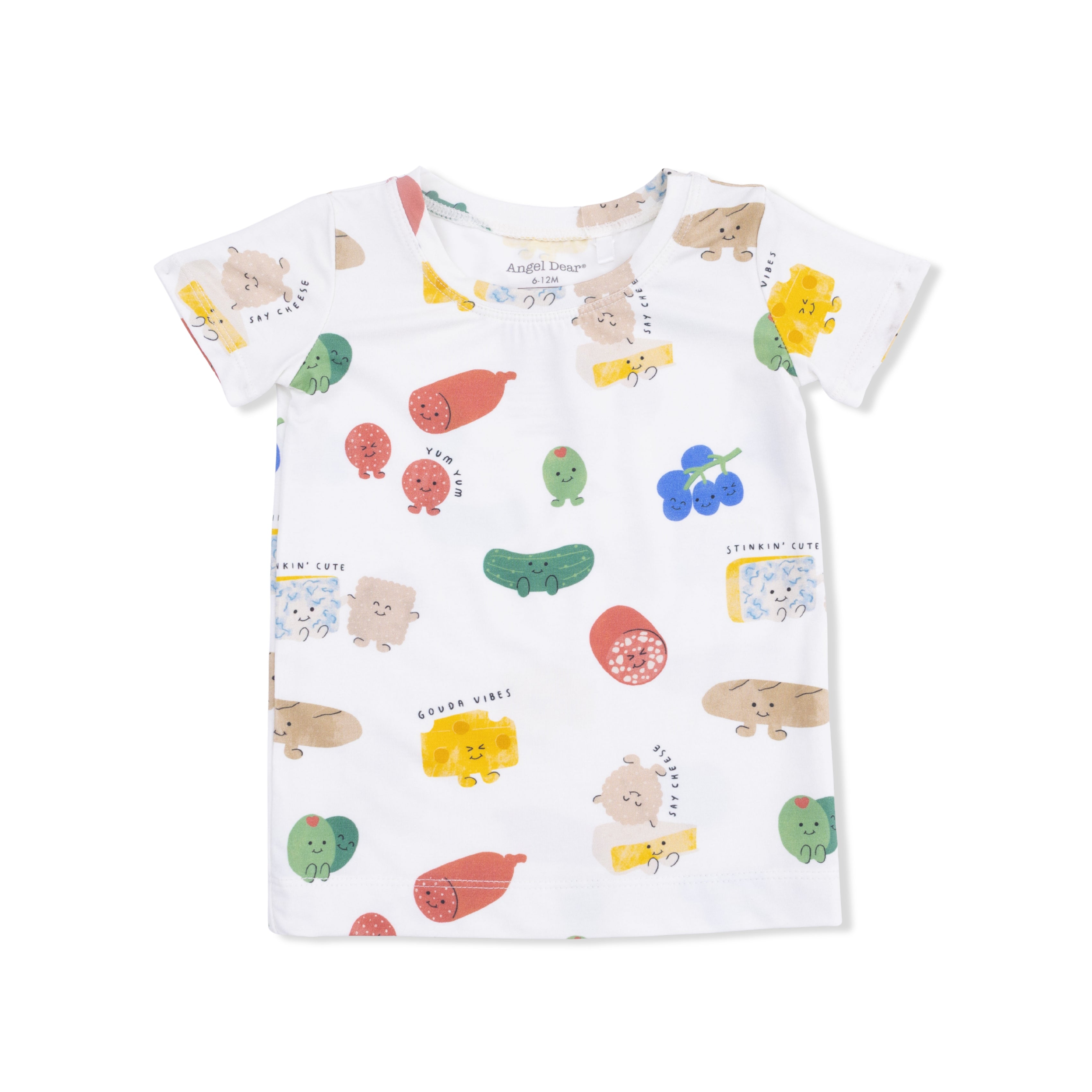 Children's t-shirt with colorful charcuterie pattern on a white background