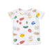 Children's t-shirt with colorful charcuterie pattern on a white background