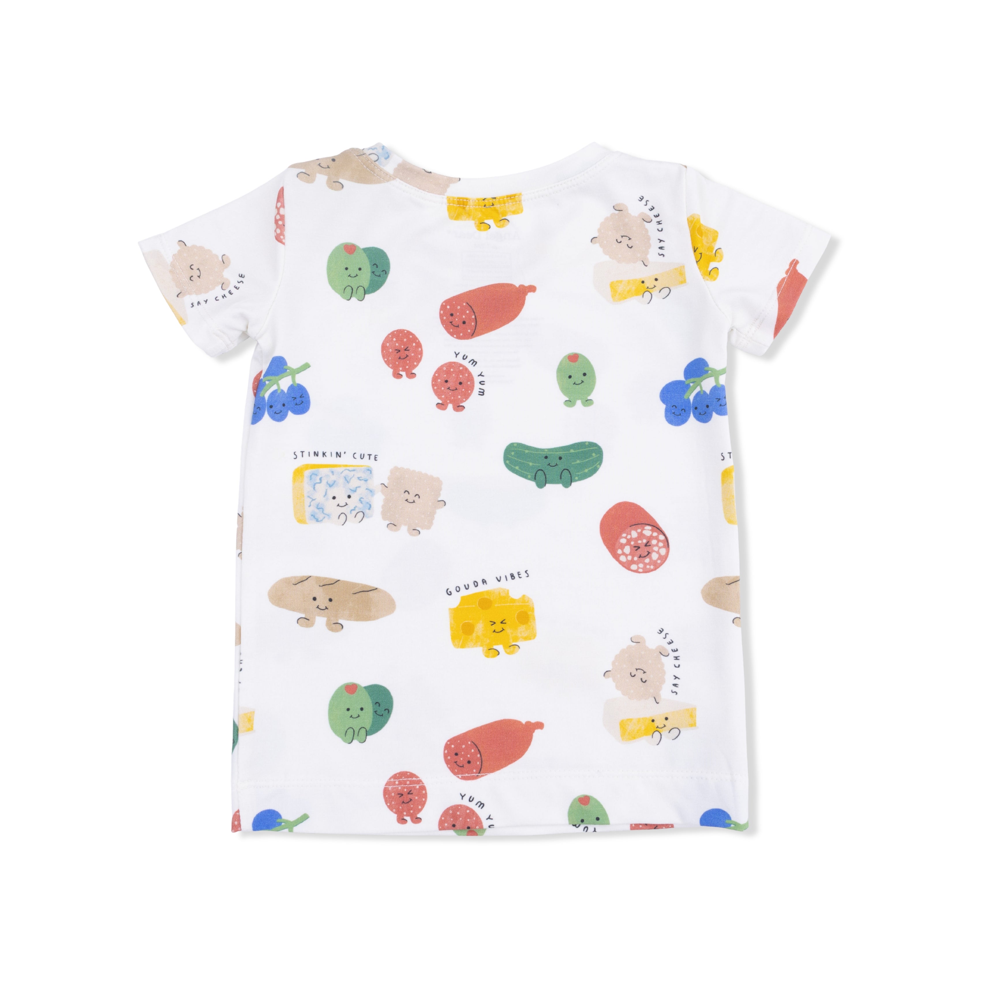 White t-shirt with colorful charcuterie pattern on a white background