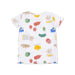 White t-shirt with colorful charcuterie pattern on a white background