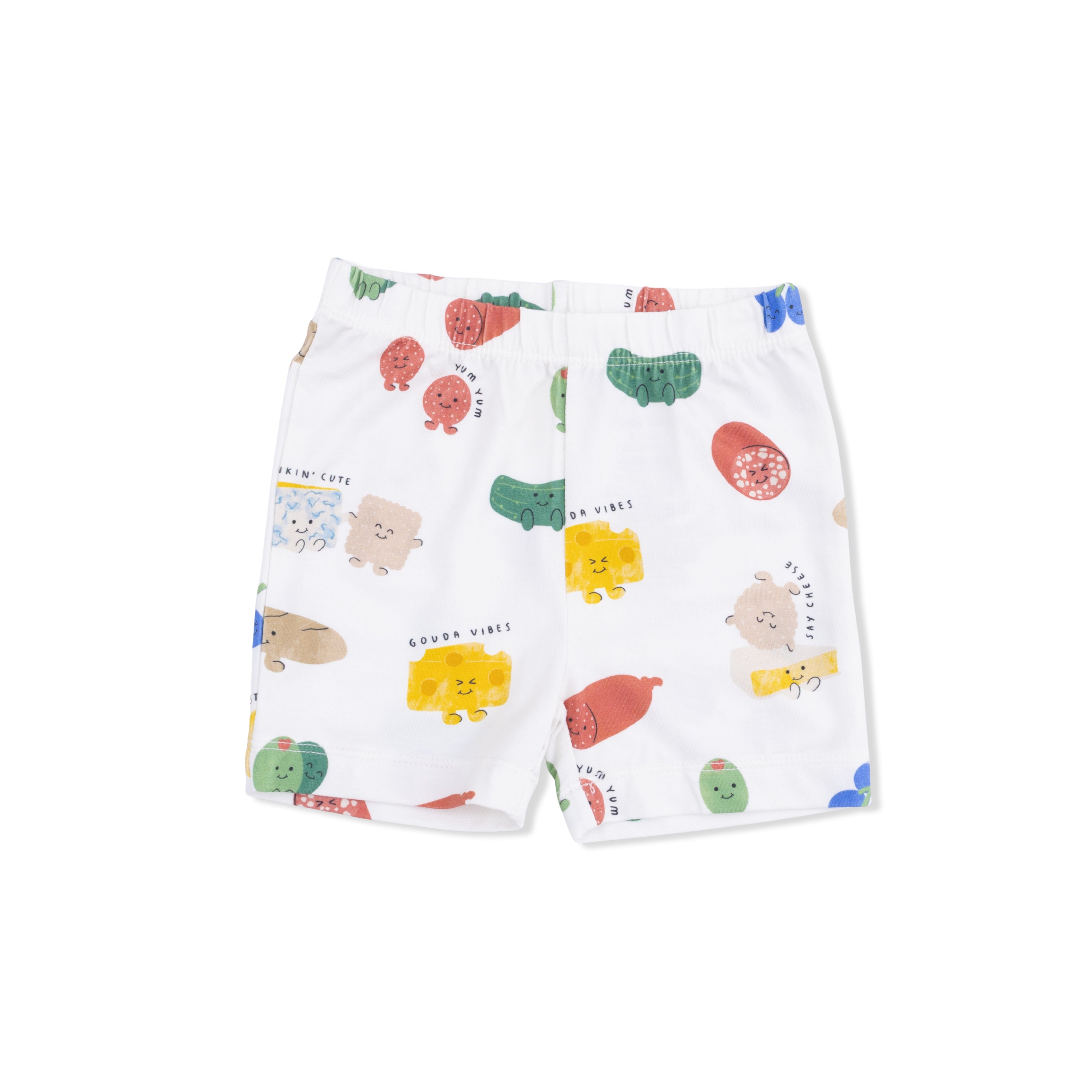Children's shorts with charcuterie pattern on a white background