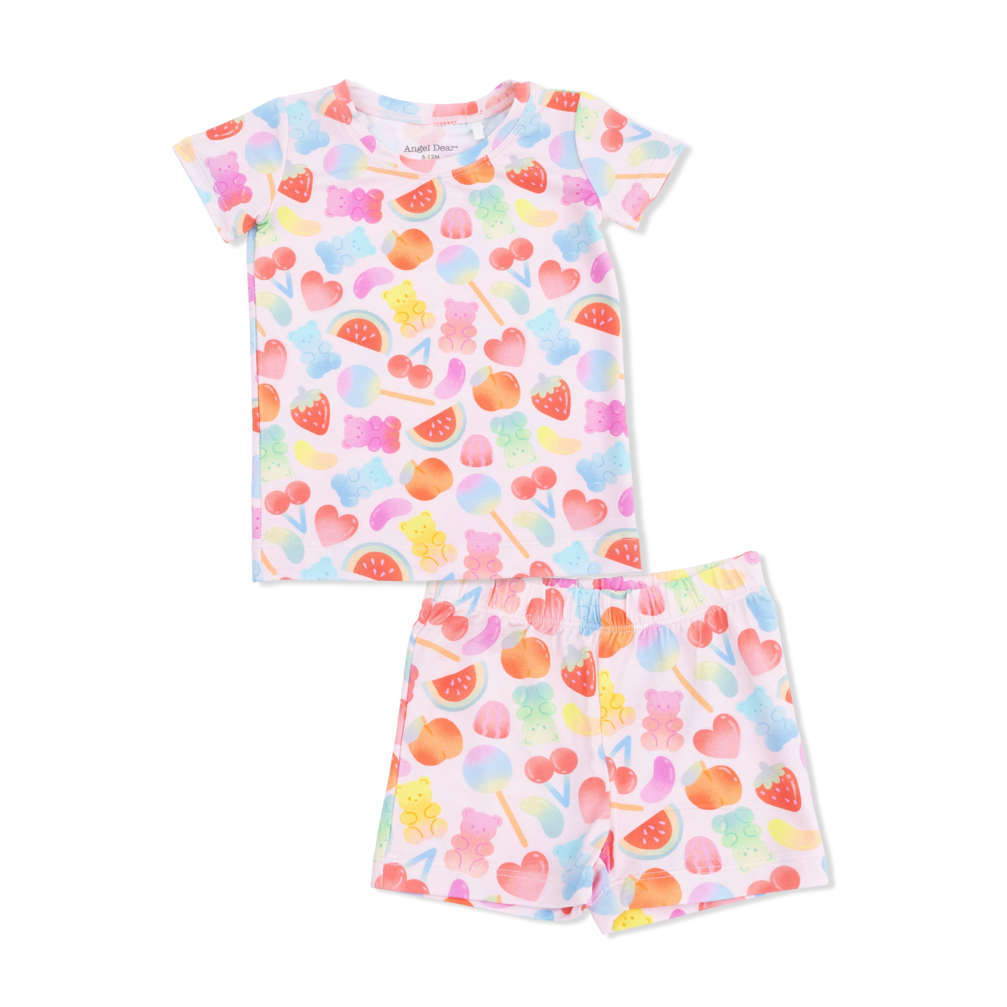 Colorful children's pajama set with gummy bear pattern on a white background