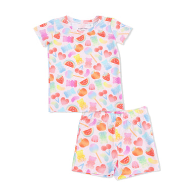 Colorful children's pajama set with gummy bear pattern on a white background