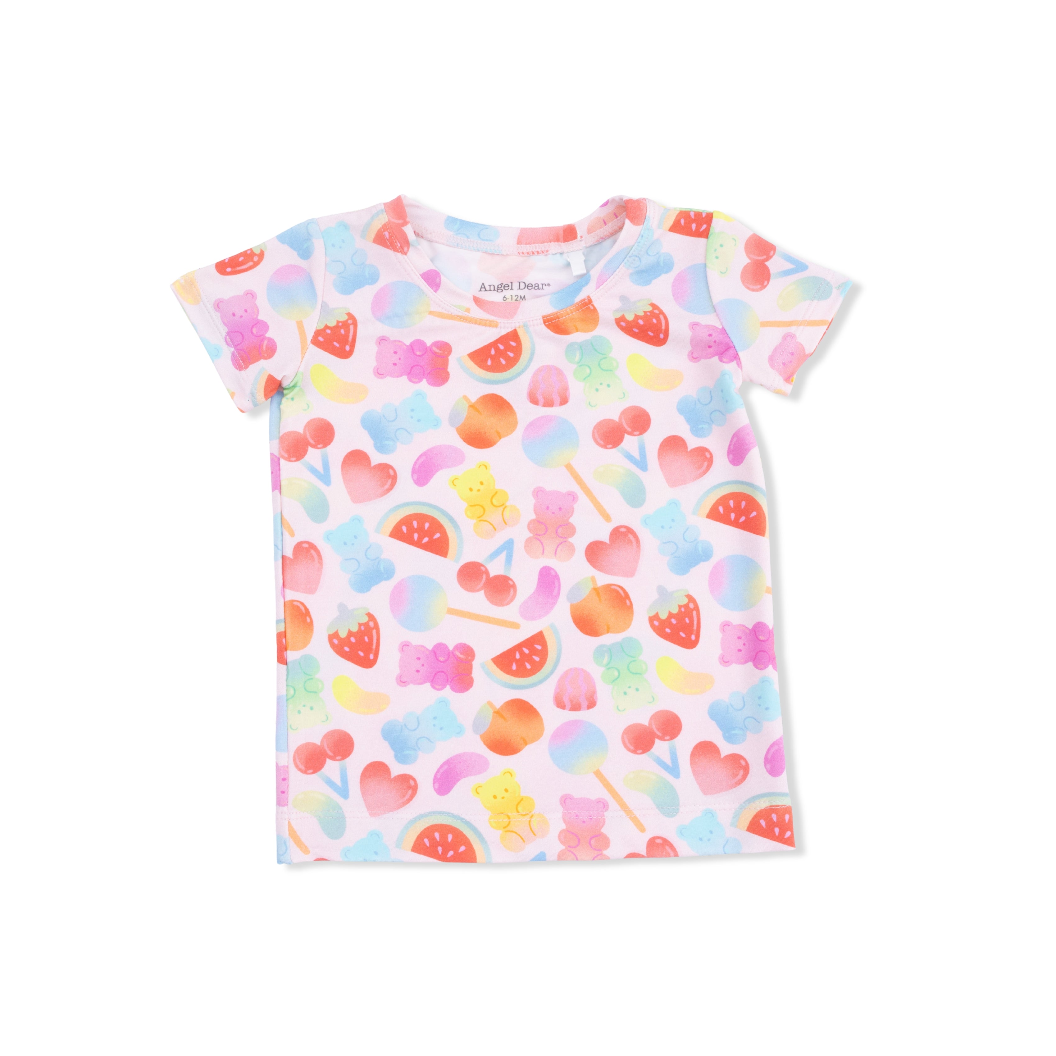 Colorful children's t-shirt with gummy bear design on a white background
