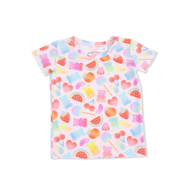 Colorful children's t-shirt with gummy bear design on a white background