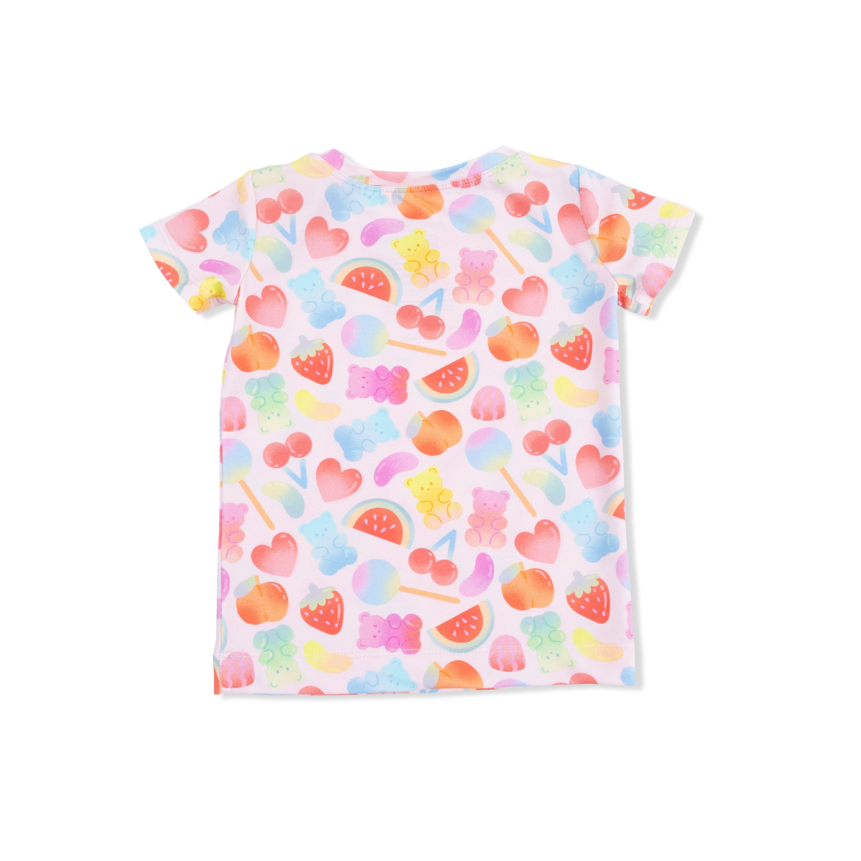 Colorful t-shirt with gummy bear pattern on a white background