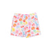 Colorful shorts with a gummy bear pattern on a white background
