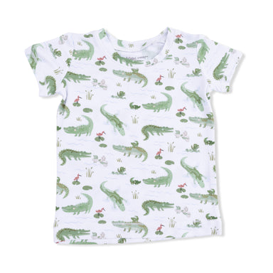 Children's t-shirt with green alligator pattern on a white background