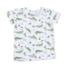 Children's t-shirt with green alligator pattern on a white background