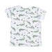Children's t-shirt with green alligator pattern on a white background
