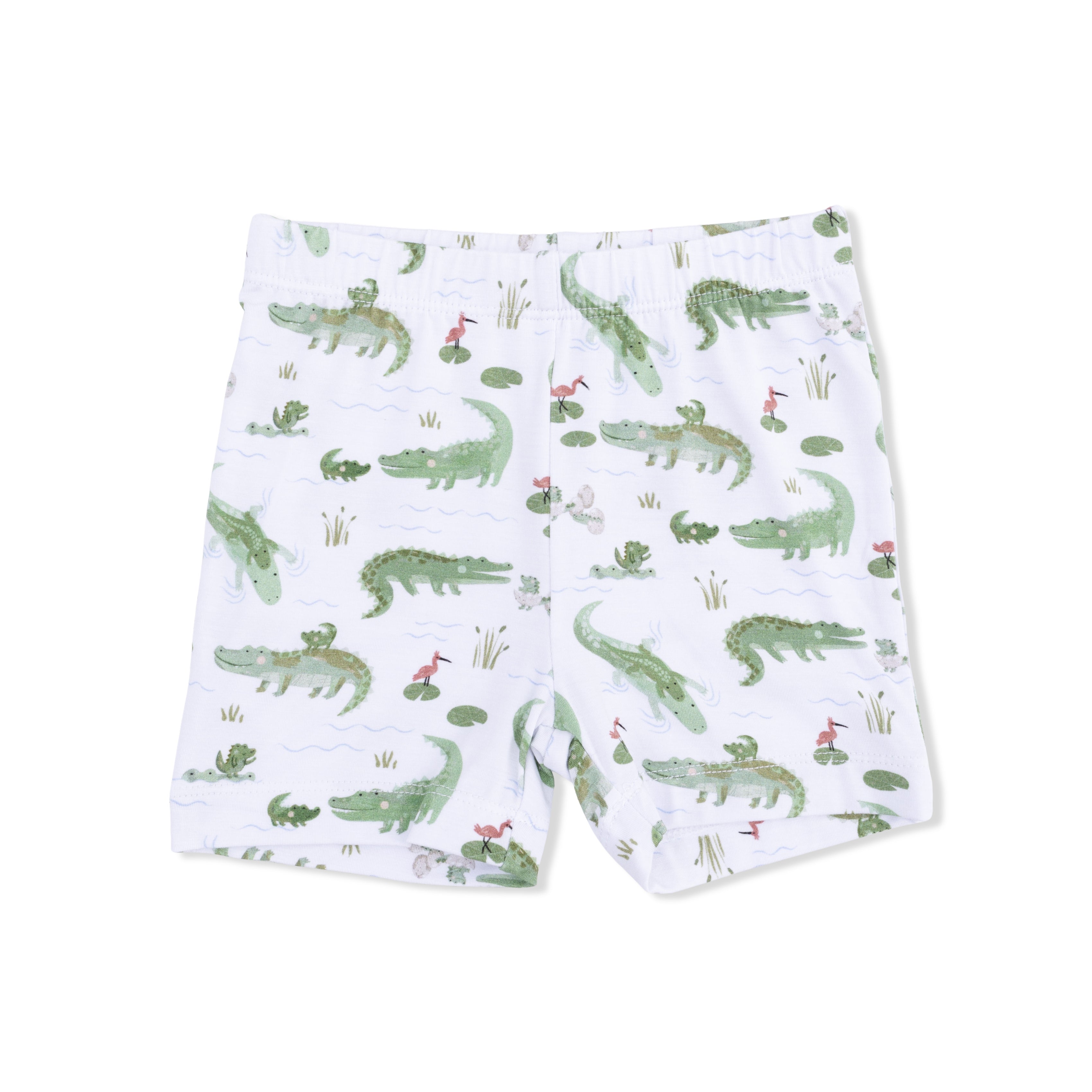White shorts with green alligator pattern on a white background