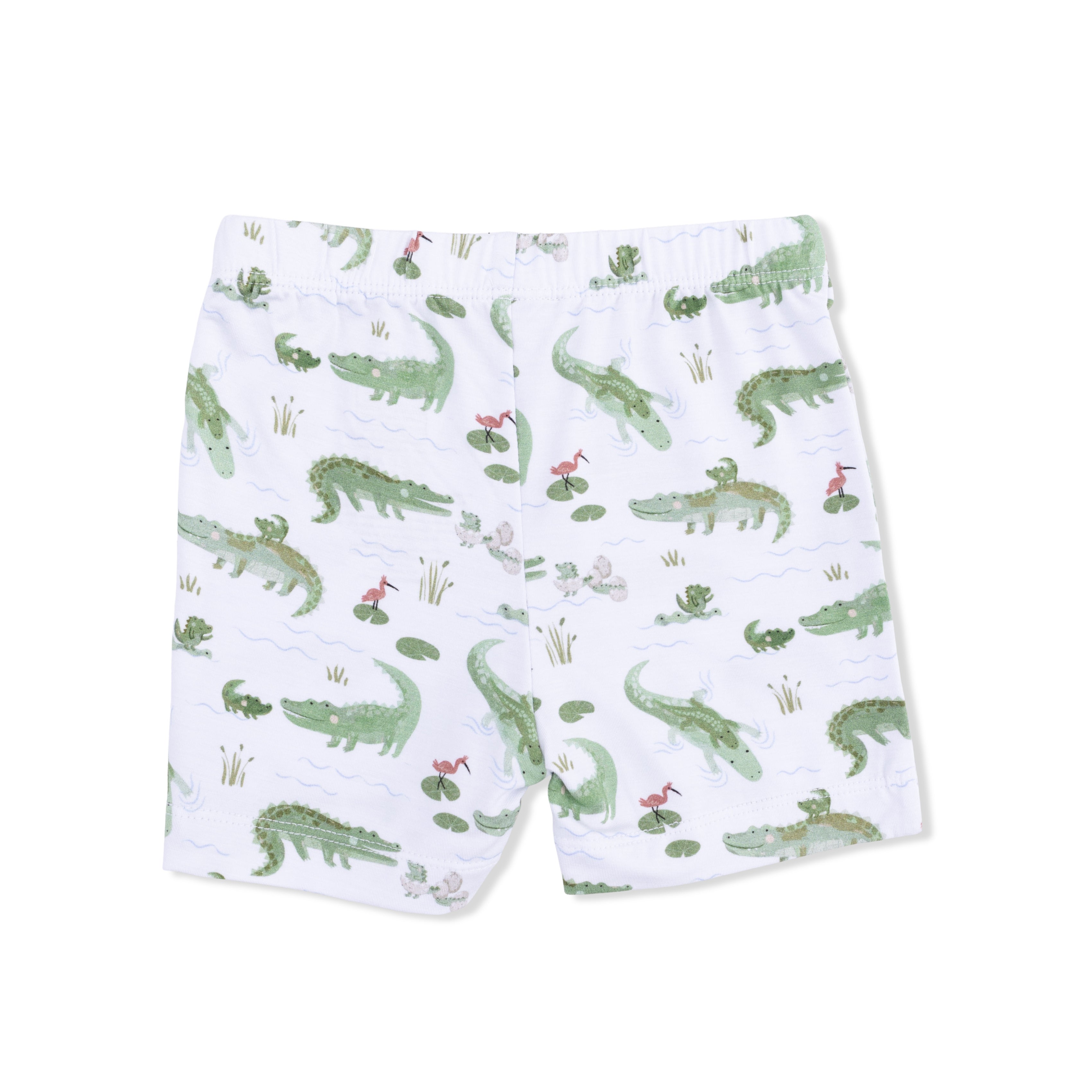 White shorts with green alligator pattern on a white background