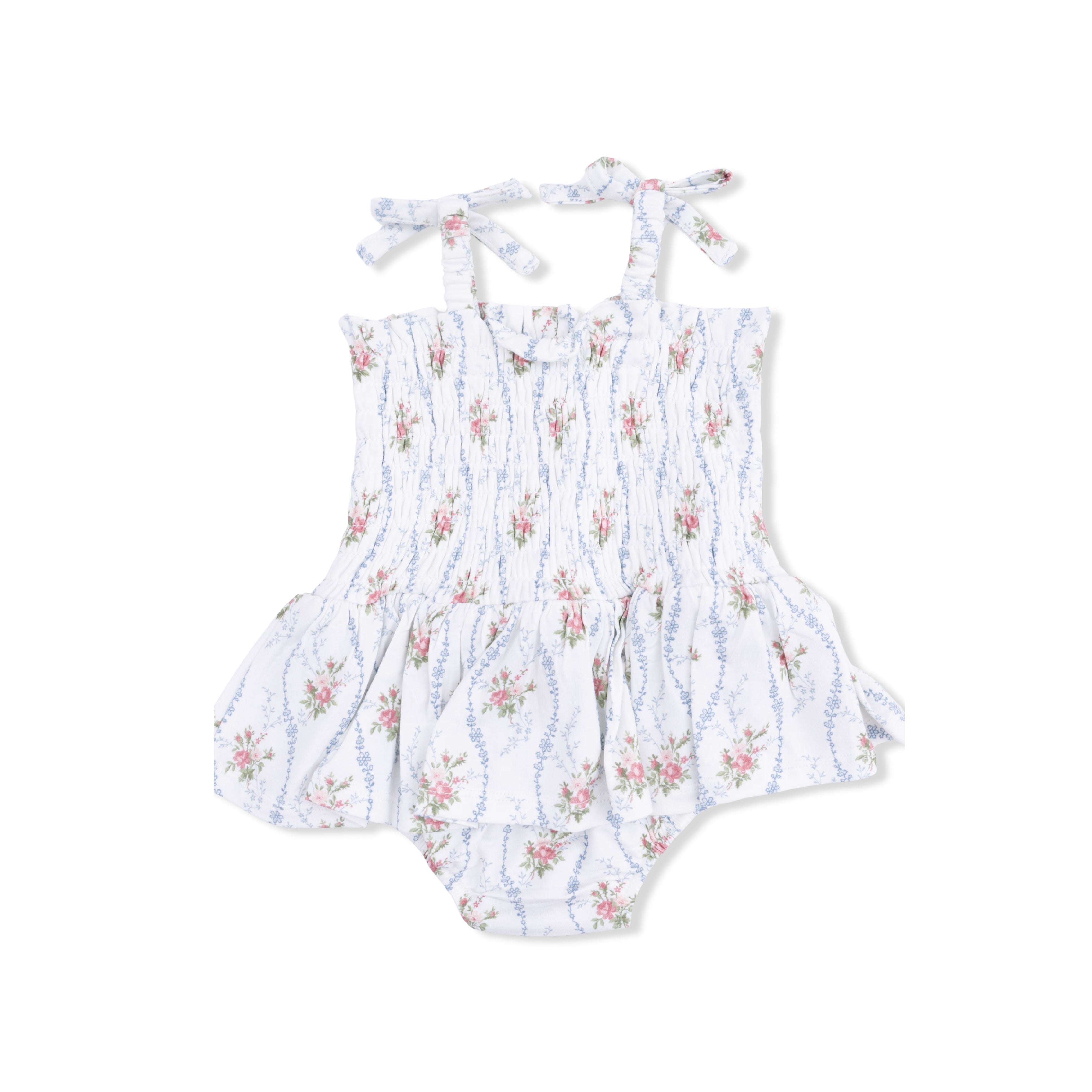 Floral-patterned romper on a white background