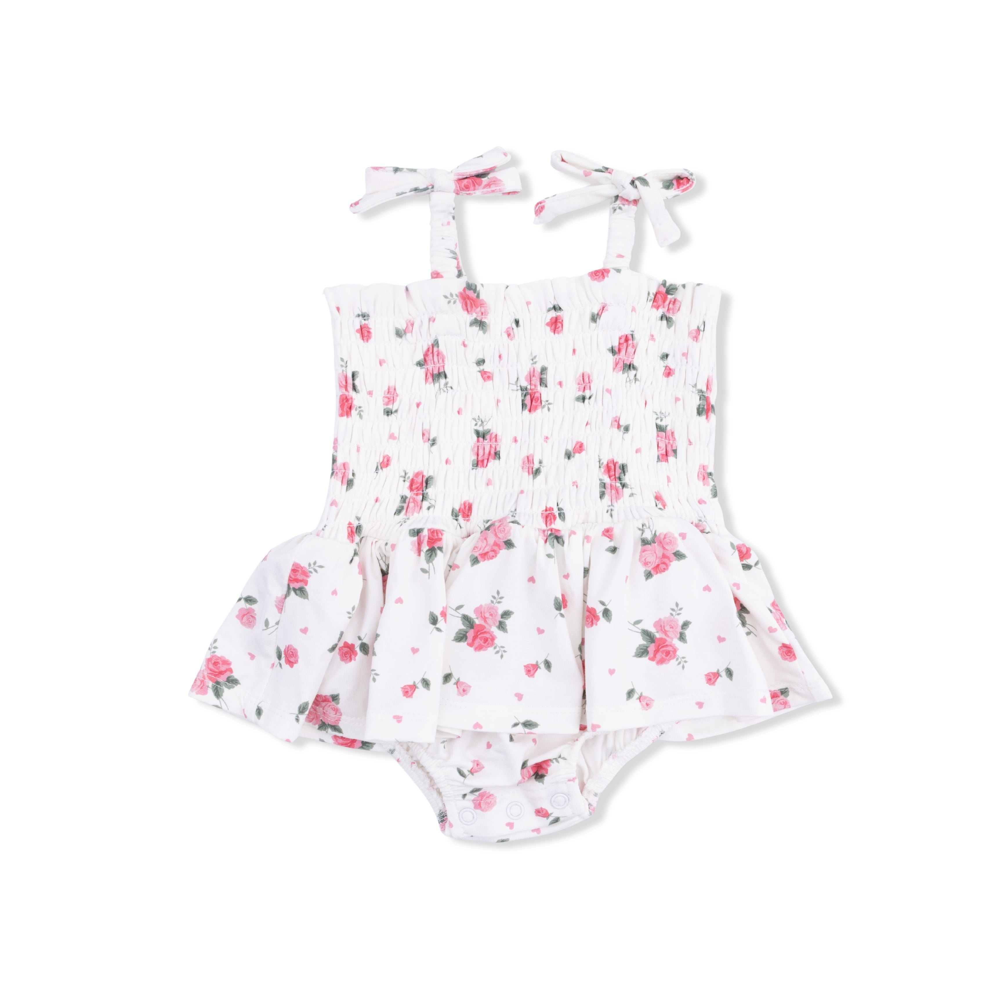 Floral-patterned baby romper on a white background
