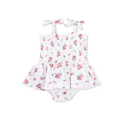 Floral-patterned baby romper on a white background