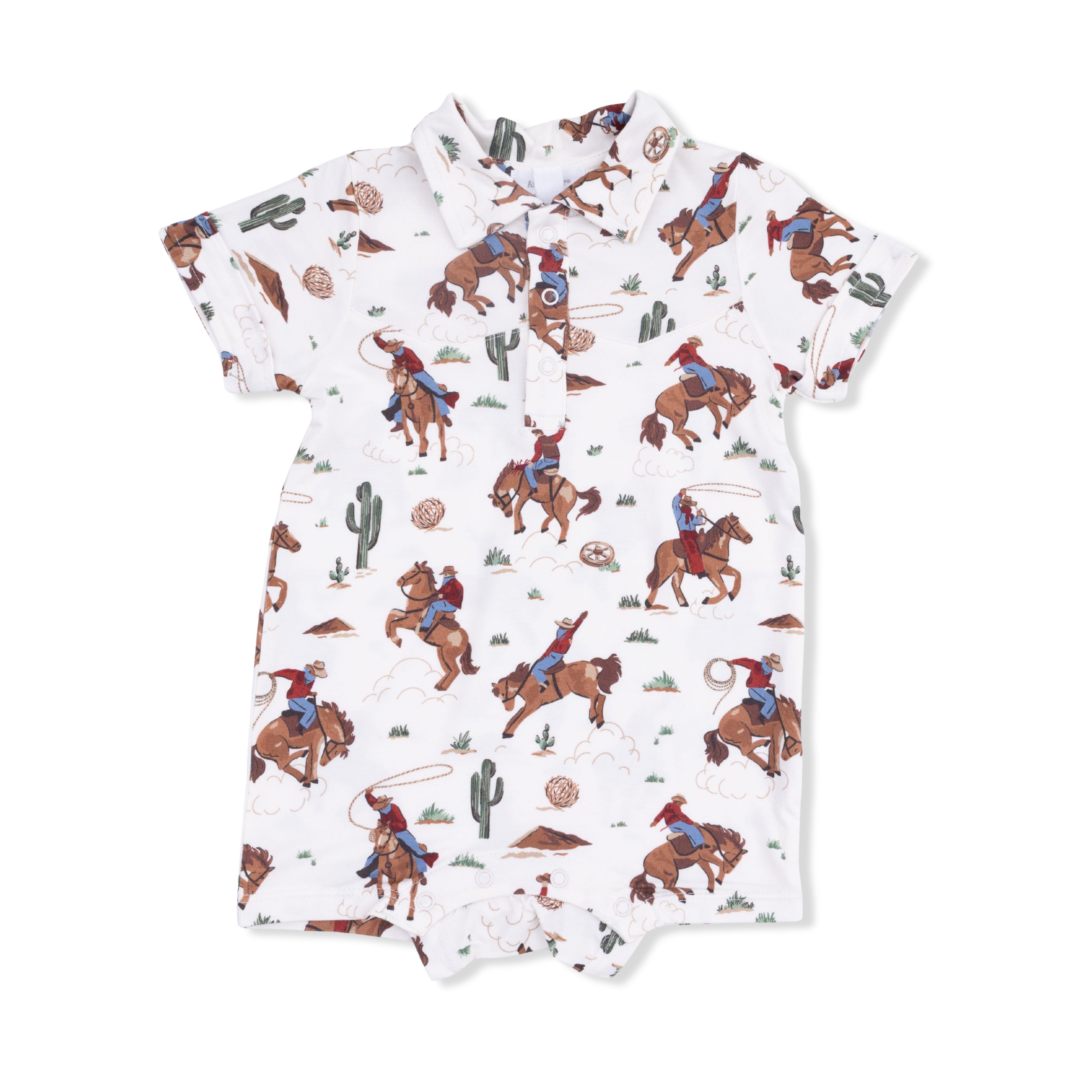 Baby romper with cowboy print on a white background
