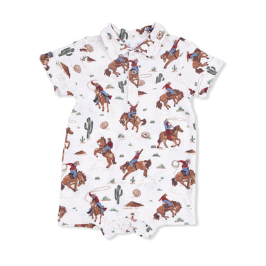 Baby romper with cowboy print on a white background