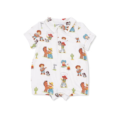 Baby romper with cowboy character print on a white background