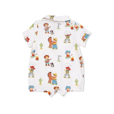 Baby romper with cowboy character print on a white background