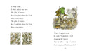 A two-page children's book spread showing a poem about Frog and Toad with black text, two small square inset illustrations of leaves, and a larger illustrated scene of Frog raking leaves near a house. The page is white with black text and muted green/brown artwork.