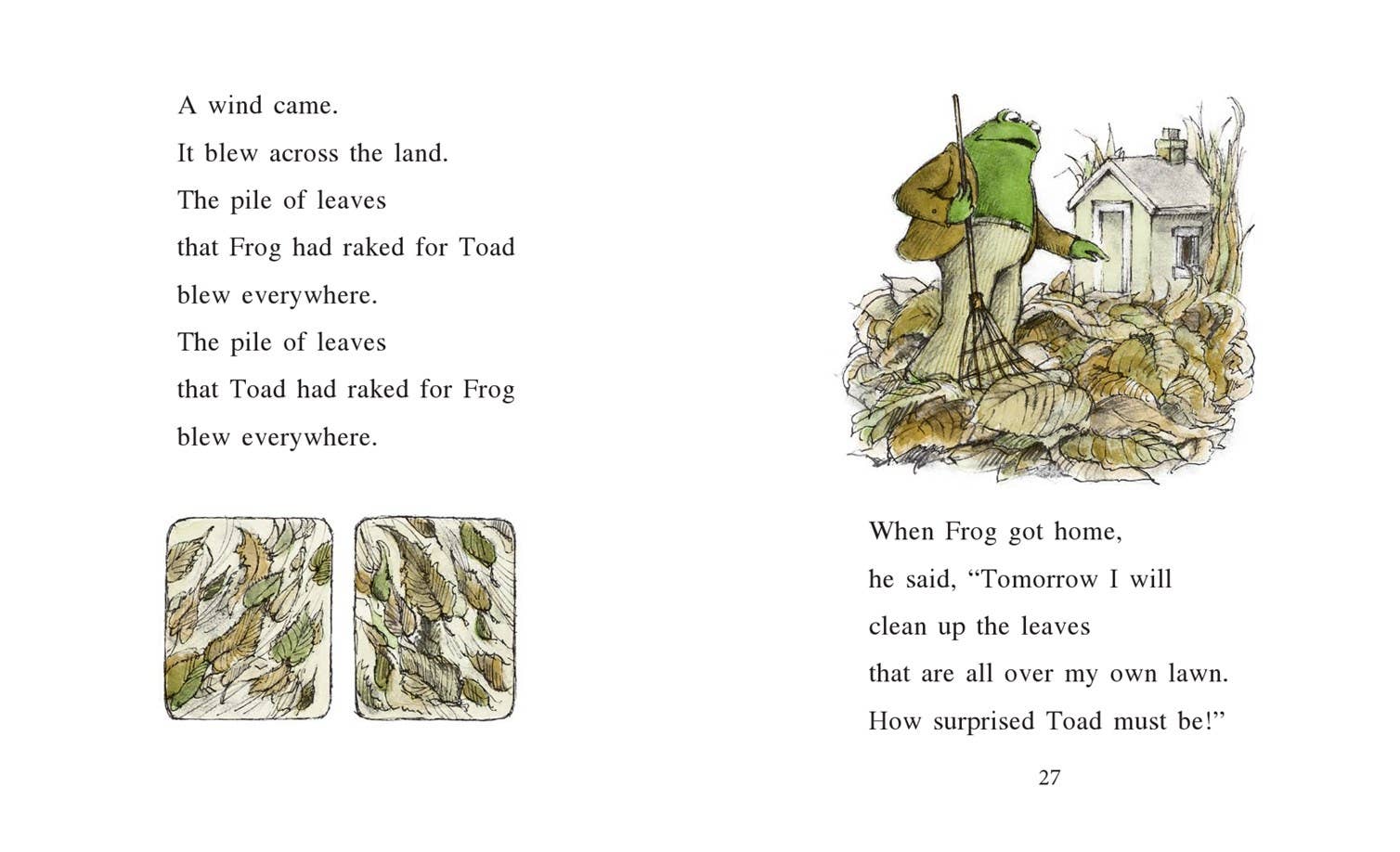 A two-page children's book spread showing a poem about Frog and Toad with black text, two small square inset illustrations of leaves, and a larger illustrated scene of Frog raking leaves near a house. The page is white with black text and muted green/brown artwork.