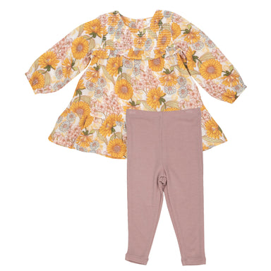 smocked longsleeve top with sunflower floral print and mauve colored leggings
