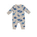 back of grey snap long sleeve romper with blue dinosaur print