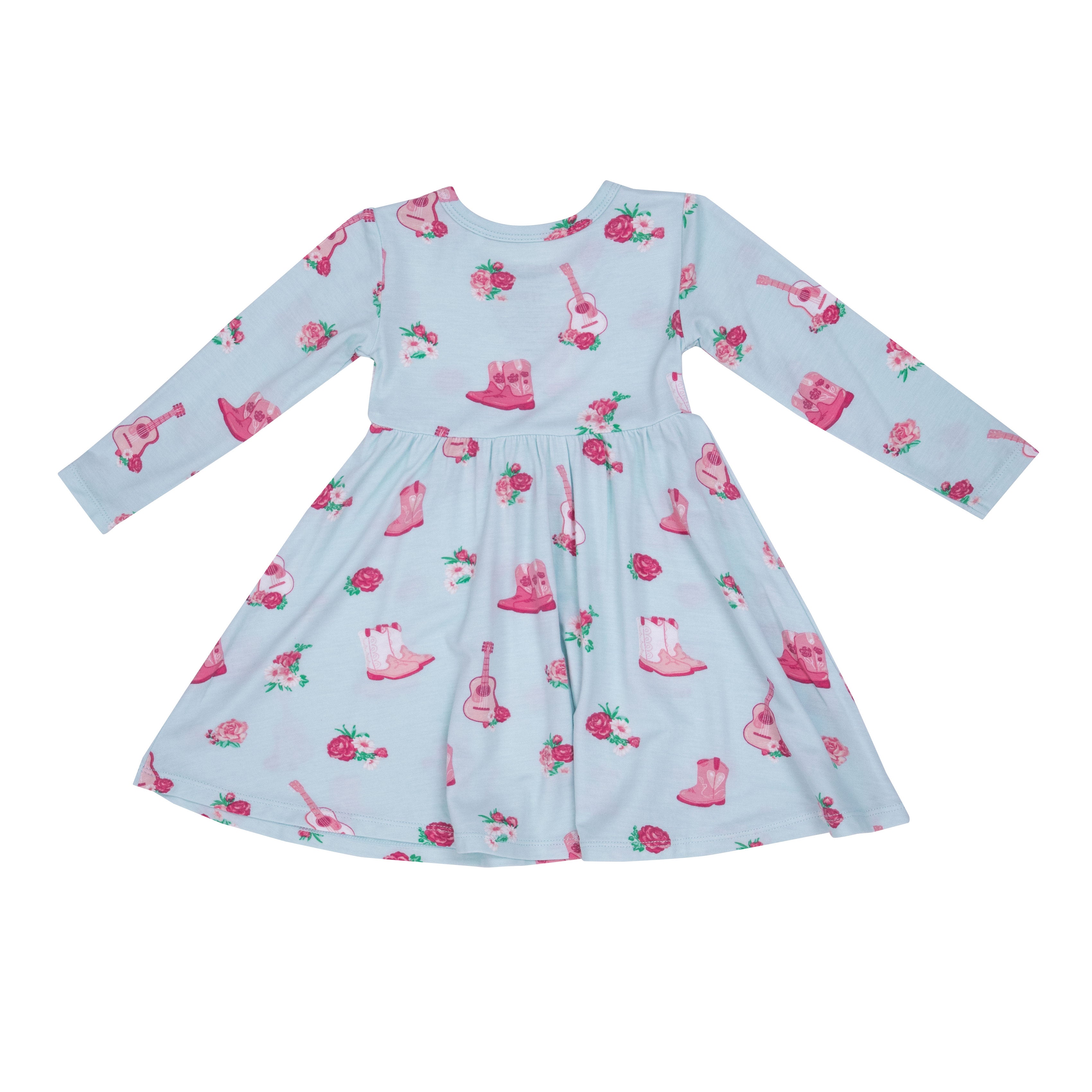 long sleeve blue twirl dress with pink fancy cowgirl print