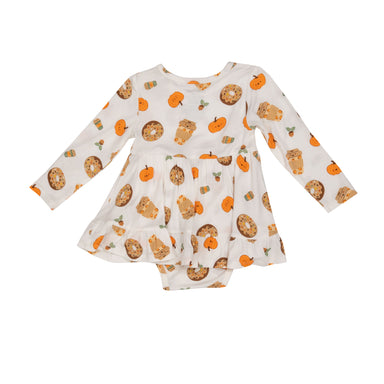 back of white skirted bodysuit with pumpkin spice donuts and coffee print