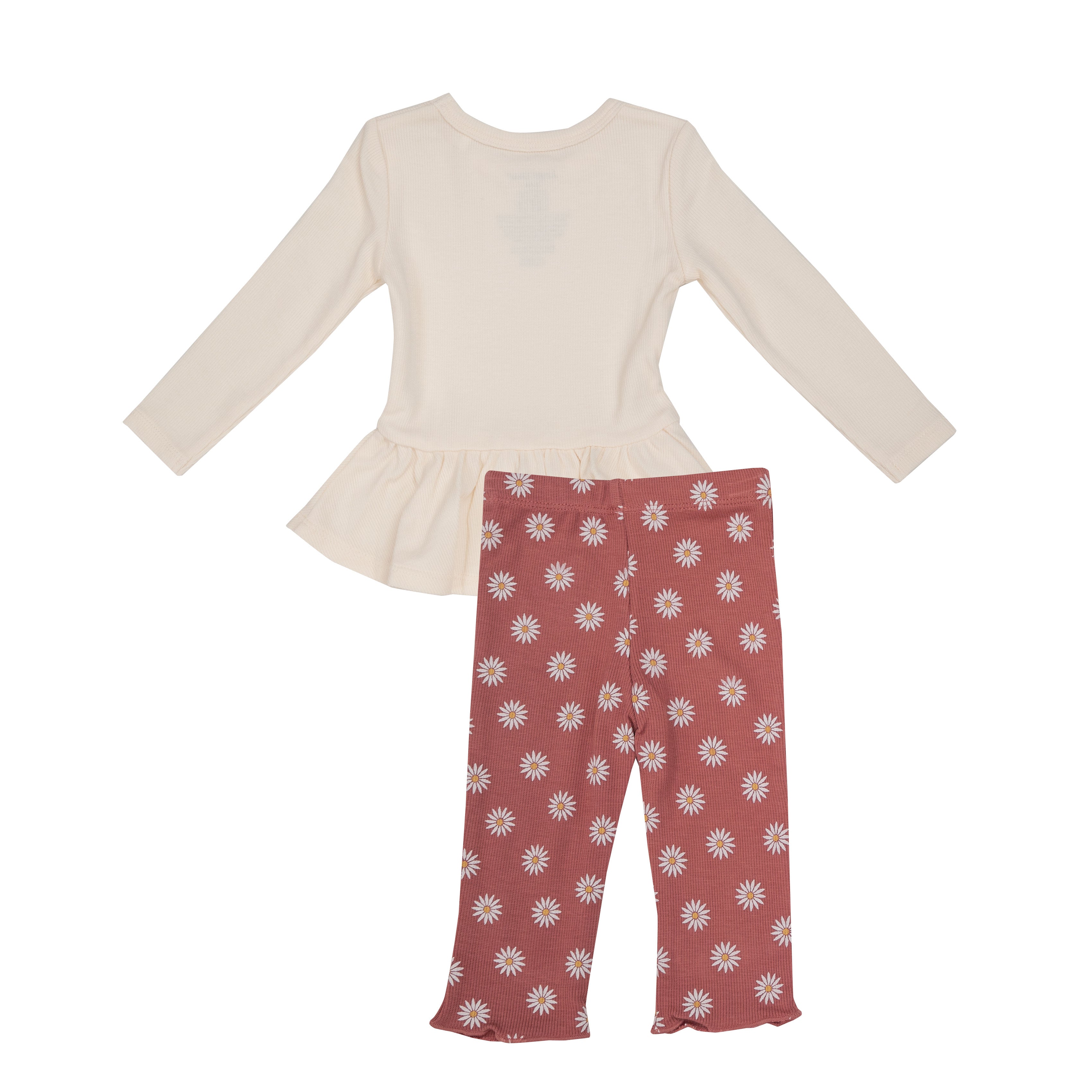 white peplum top with punch colored flare pants with daisy dot print