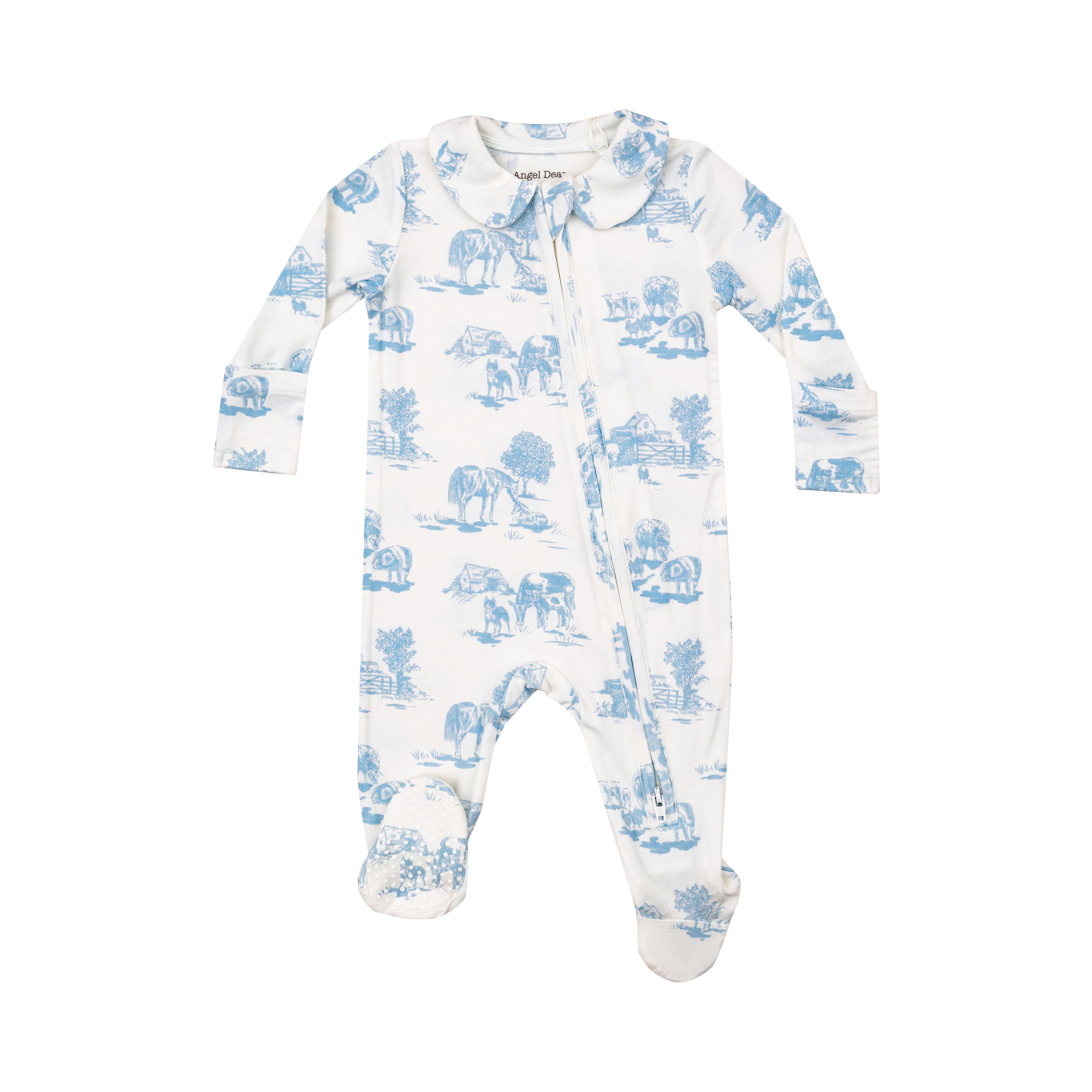 Smocked Peter Pan Footie - Farm Toile Blue