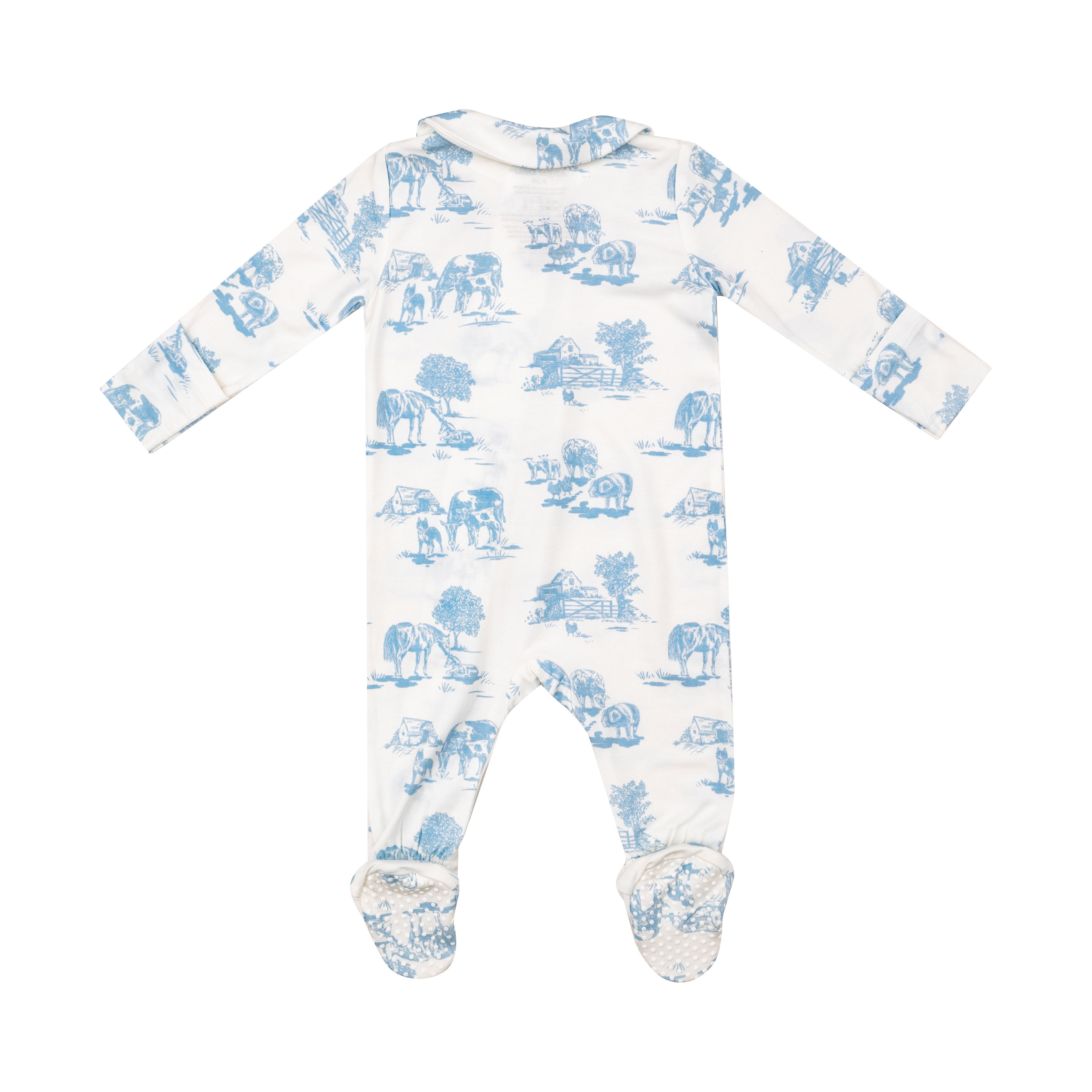 Smocked Peter Pan Footie - Farm Toile Blue