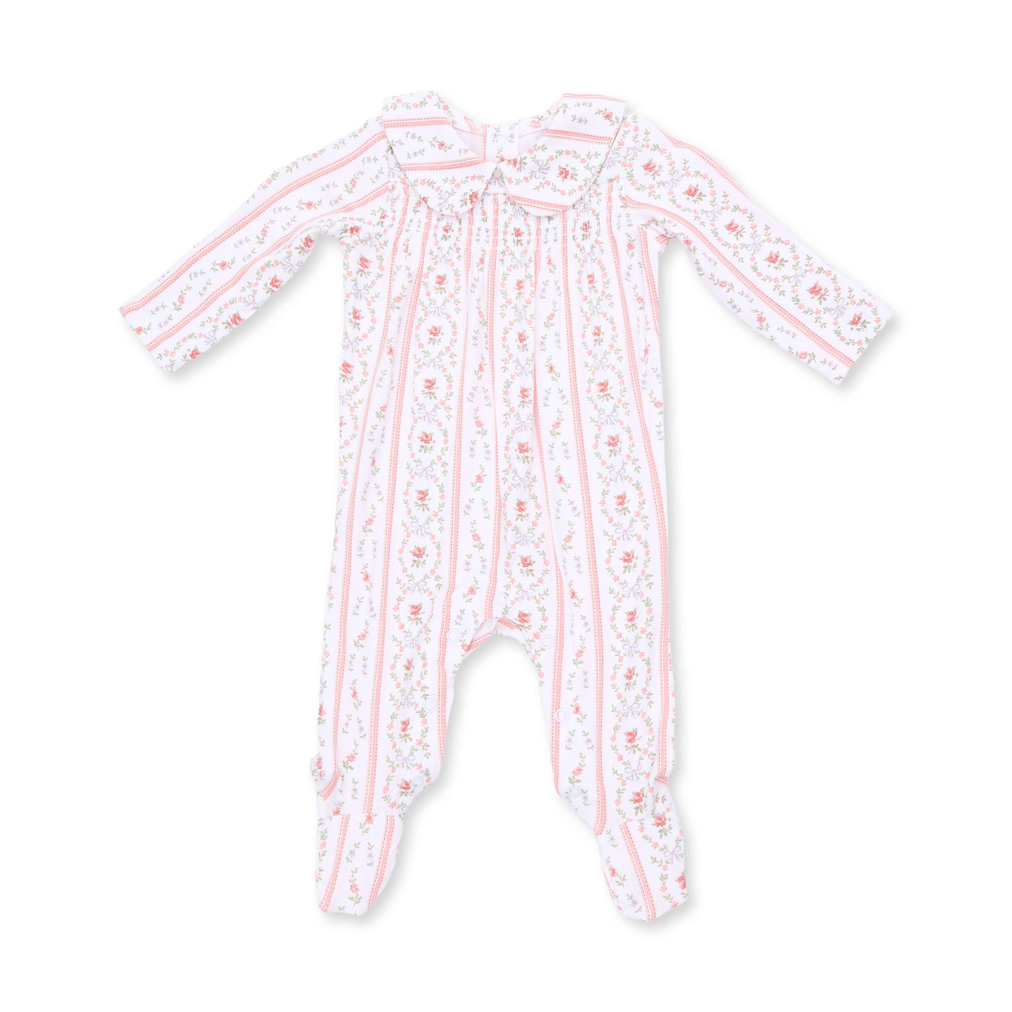 A baby long-sleeve footed sleeper in white with pink vertical stripes and a delicate floral pattern, featuring a peter pan collar.