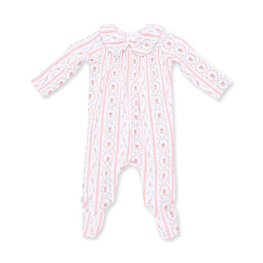 A baby long-sleeve footed sleeper in white with pink vertical stripes and a delicate floral pattern, featuring a peter pan collar.