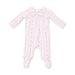 A baby long-sleeve footed sleeper in white with pink vertical stripes and a delicate floral pattern, featuring a peter pan collar.
