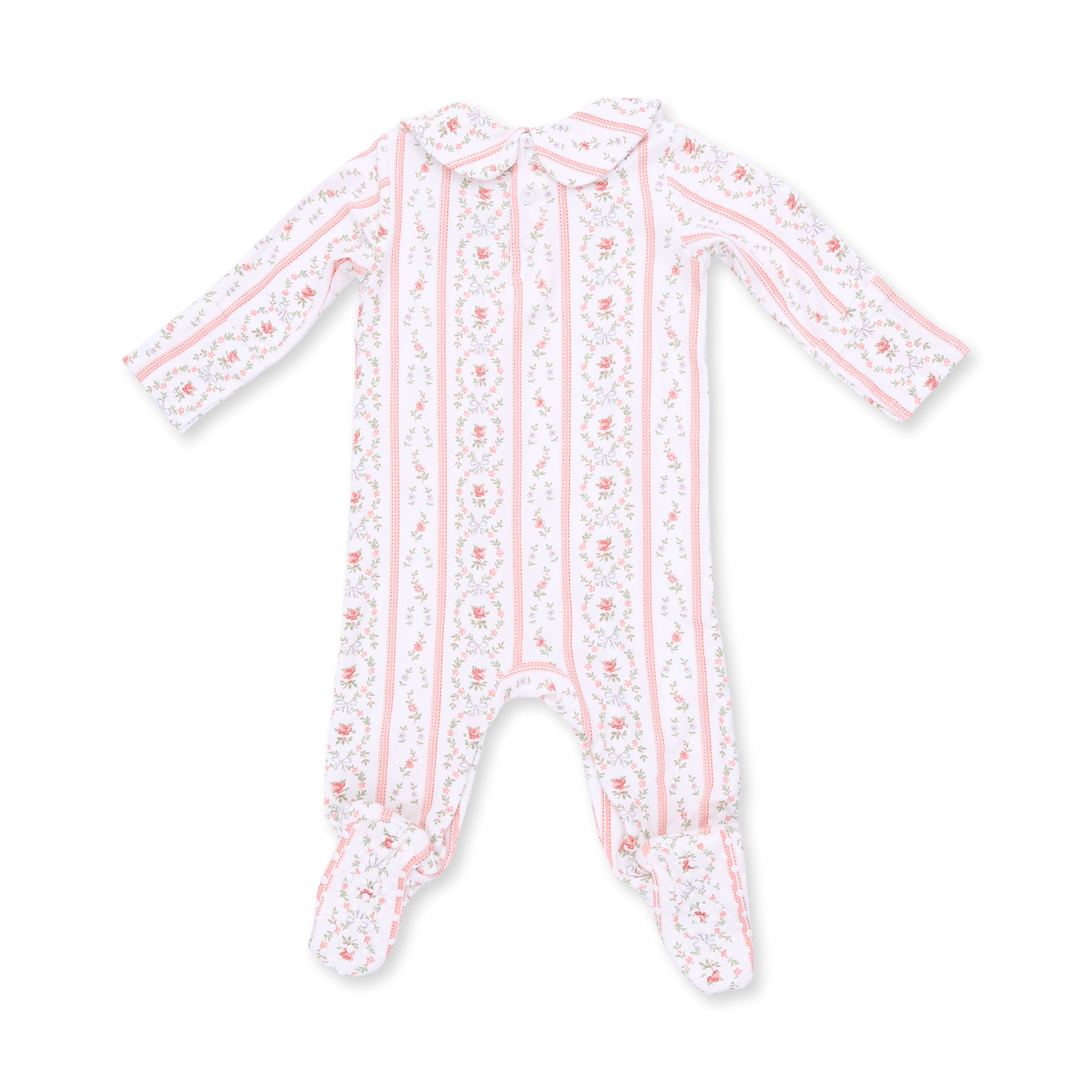 A baby long-sleeve footed sleeper with a white base, decorated with vertical pink stripes and delicate pink floral patterns, shown on a plain white background.