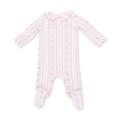 A baby long-sleeve footed sleeper with a white base, decorated with vertical pink stripes and delicate pink floral patterns, shown on a plain white background.