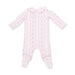A baby long-sleeve footed sleeper with a white base, decorated with vertical pink stripes and delicate pink floral patterns, shown on a plain white background.