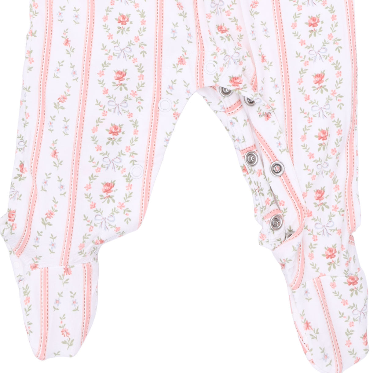 White footed sleeper with pink vertical stripes and a delicate pink and green floral pattern, featuring three silver snap buttons on the leg.