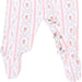White footed sleeper with pink vertical stripes and a delicate pink and green floral pattern, featuring three silver snap buttons on the leg.