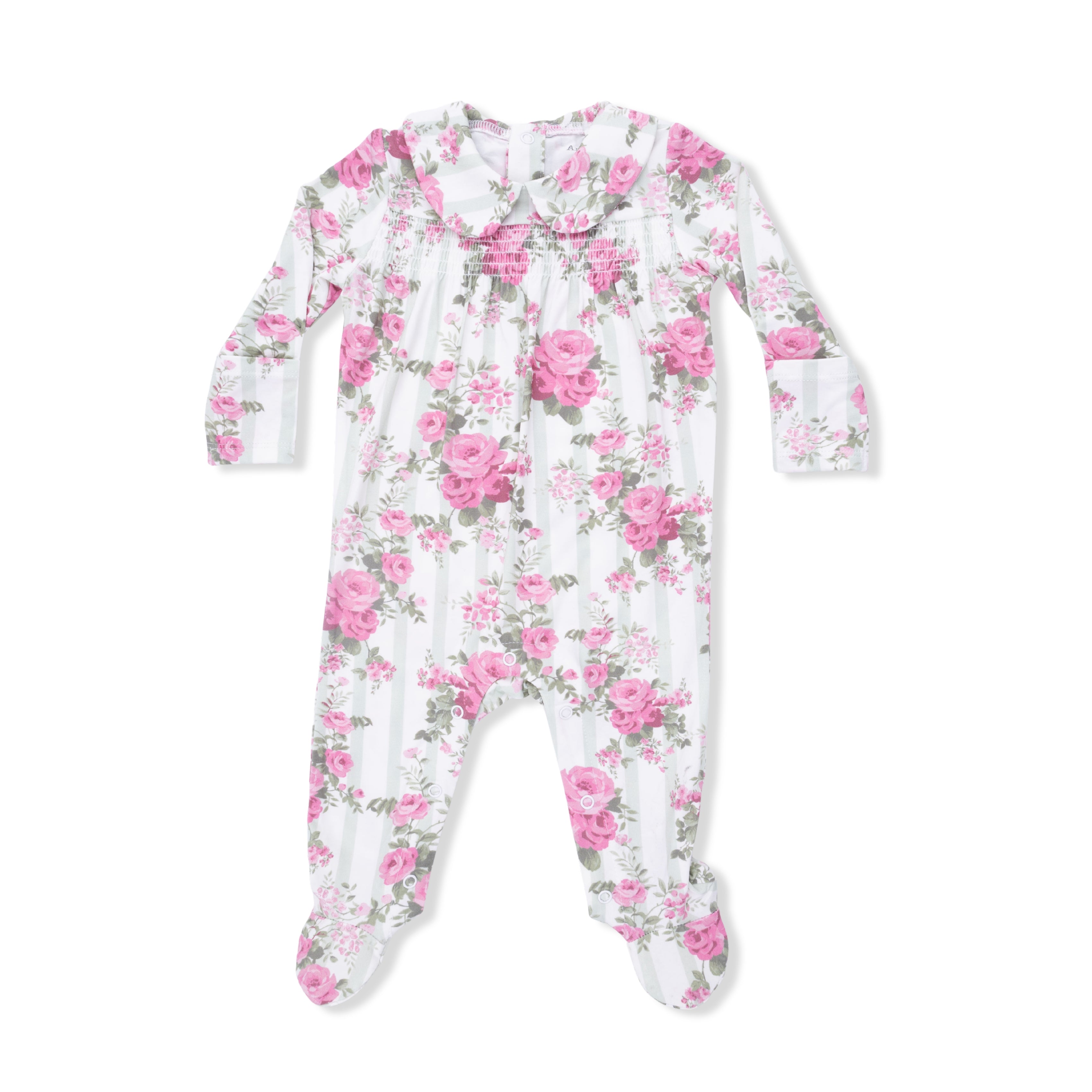 Floral baby onesie with pink and green flowers on a white background