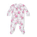 Floral baby onesie with pink and green flowers on a white background
