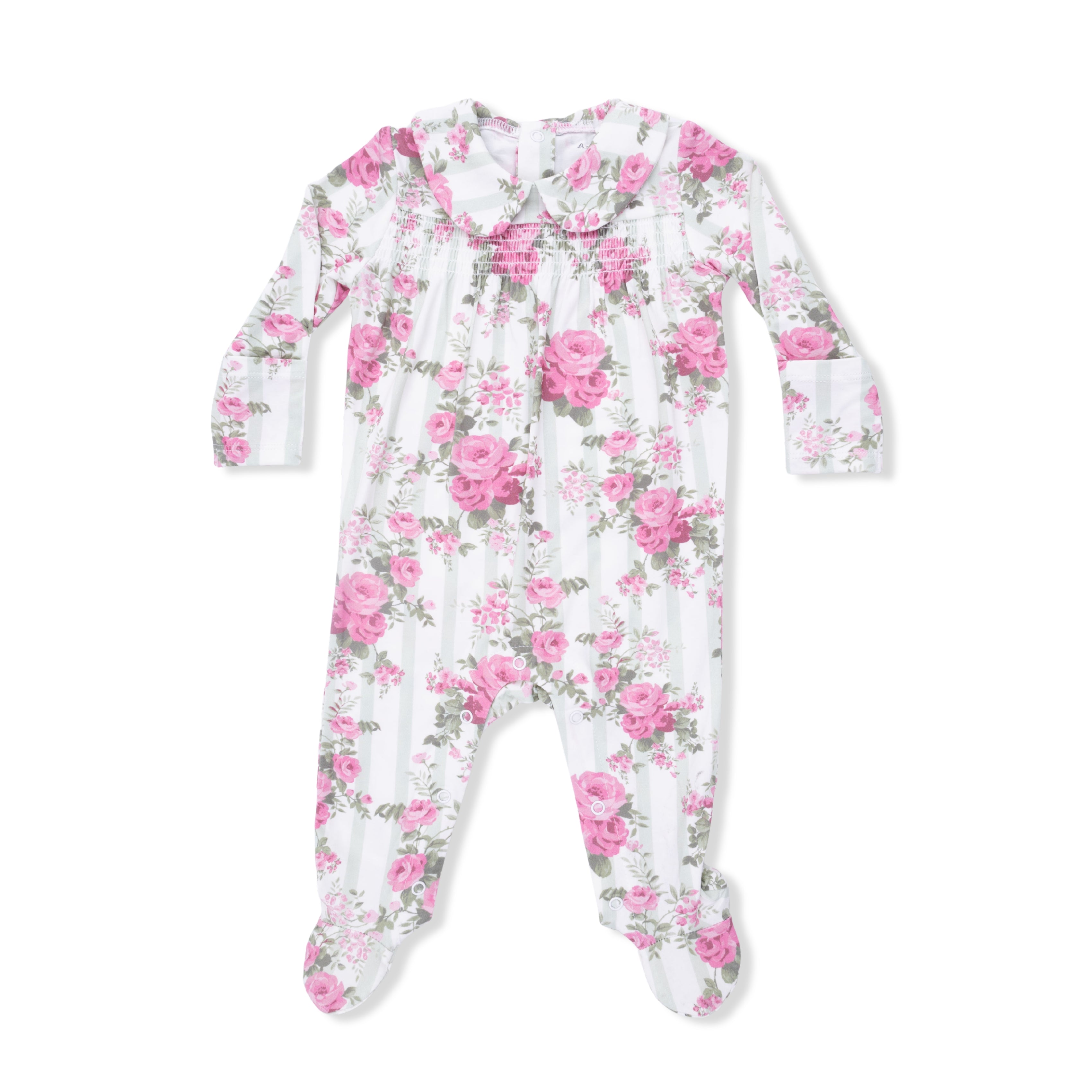 Floral baby onesie with pink flowers on a white background