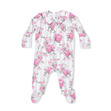 Floral baby onesie with pink flowers on a white background