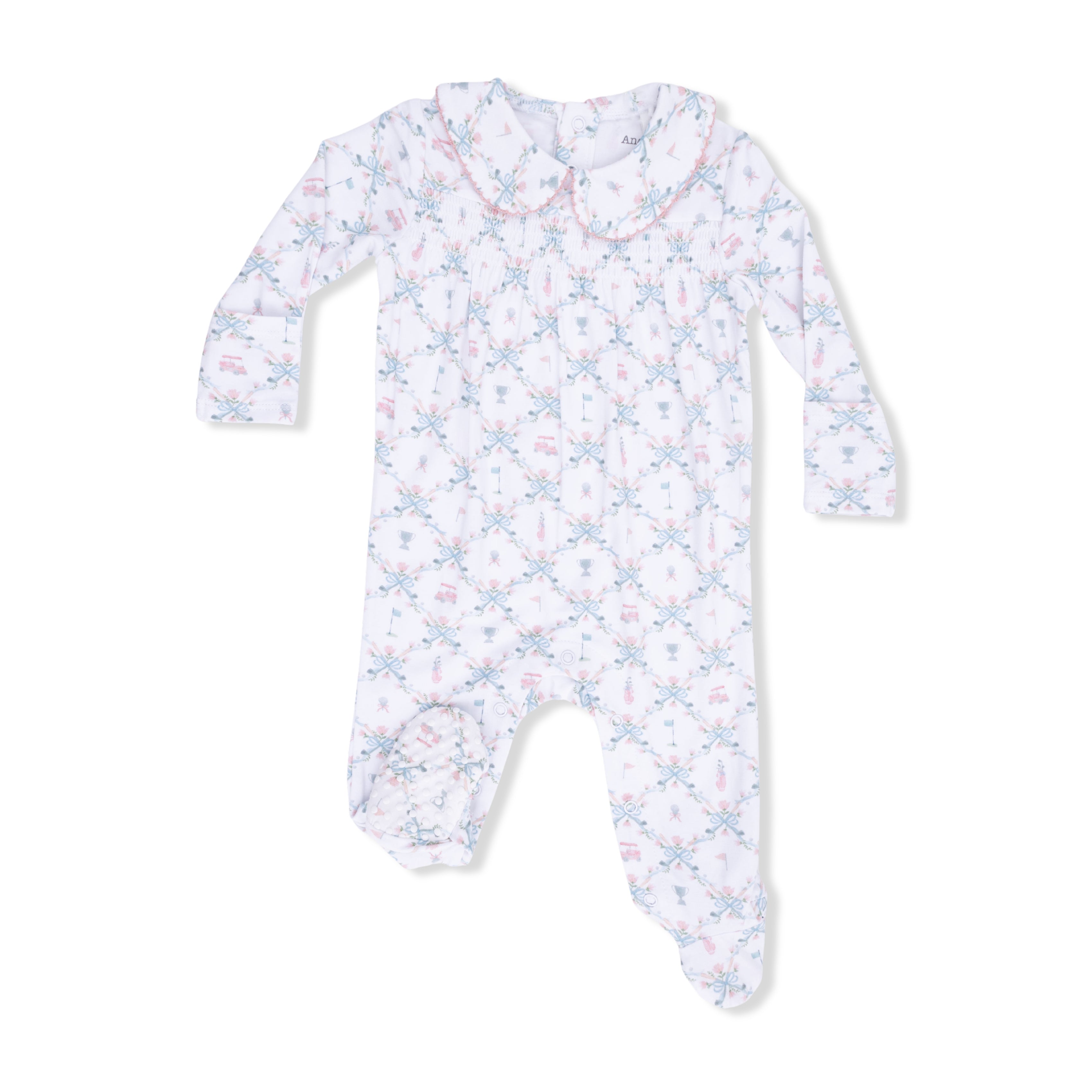 Smocked Zipper Footie - Golf Trellis Pink