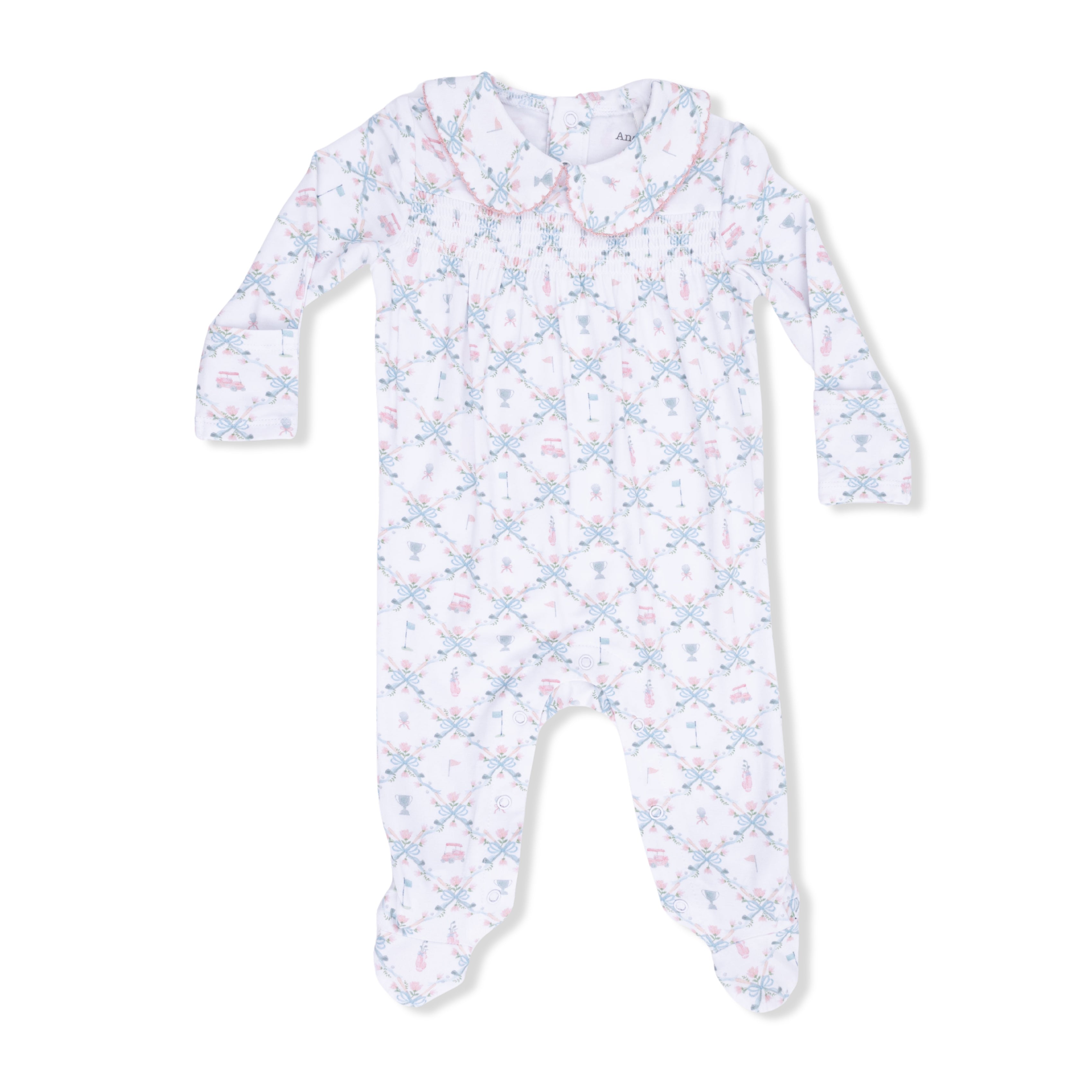 Smocked Zipper Footie - Golf Trellis Pink