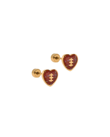 Football heart stud earrings on a white background