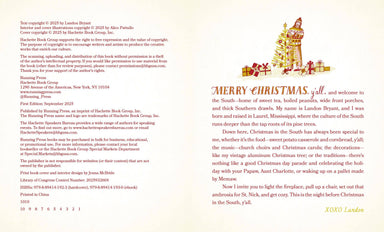 Open Christmas book spread with red text and festive illustrations featuring a humorous Southern retelling of The Night Before Christmas from Hachette Book Group