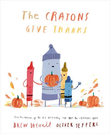 Book cover of 'The Crayons Give Thanks' with colorful crayon characters and pumpkins.